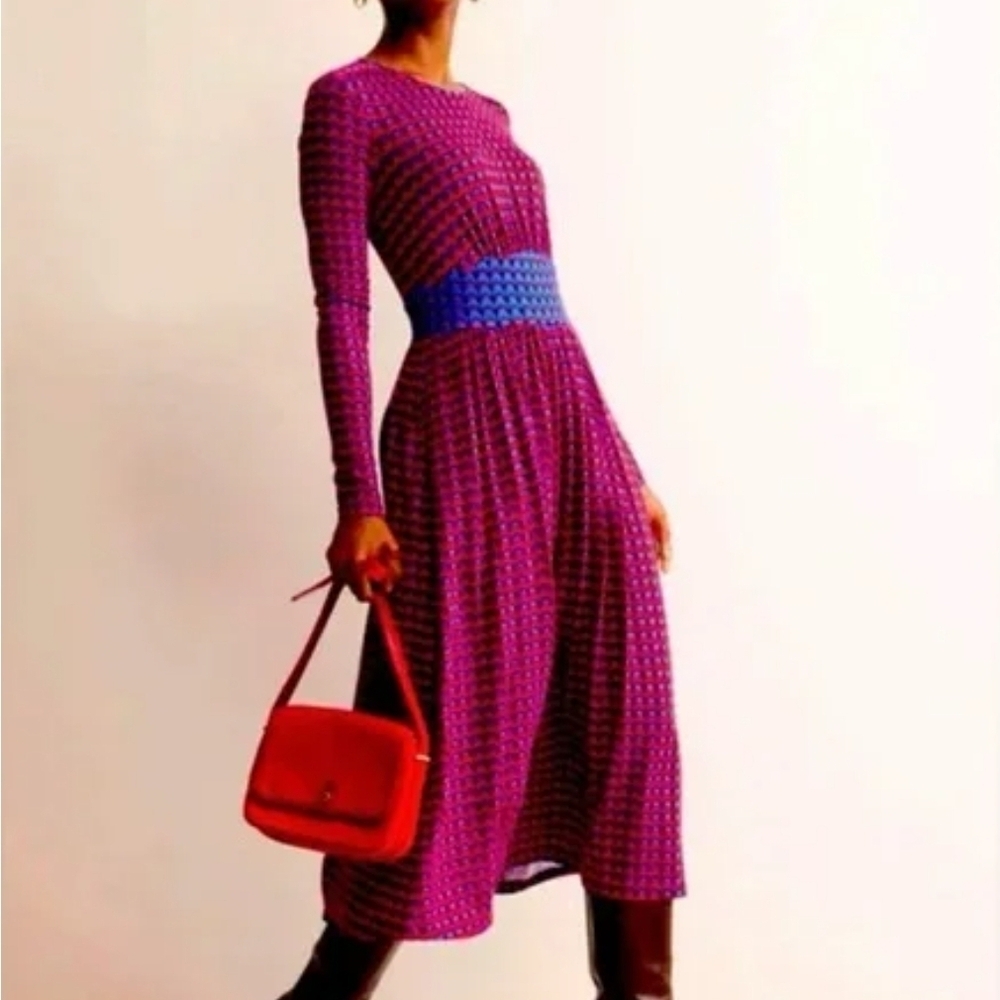 Boden Long Sleeve Midi Dress in Red with Blue Waist